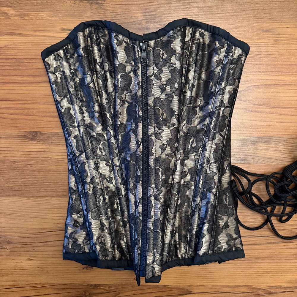 Burleska Women’s Black & Champagne Gold Corset Top With Zip Up Front & Tie Back